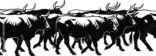 bulls, herd, silhouette, animal, motion, black, vector, illustration, muscular, horns, cad, drawing, dynamic, wildlife, design