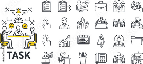 Business meeting and task management doodle icons set in black and white