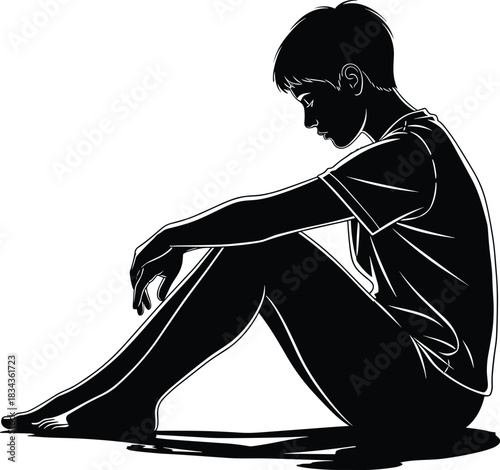 silhouette, sitting, person, thoughtful, pose, vector, black, isolated, emotion, design, posture, quiet, mood, human, outline