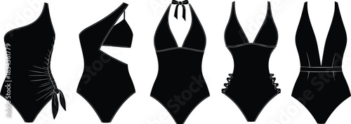 swimsuit, fashion, silhouette, vector, black, illustration, one-piece, stylish, design, female, cad, drawing, summer, swimwear, elegant