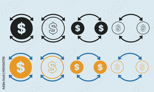 Icons of currency exchange with circular arrows and dollar signs, representing transaction flow and money transfer. Suitable for finance, trading, and currency exchange themes.