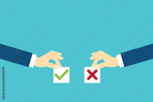 Comparing positive advantages or negative disadvantages. Hands holding yes and no papers as pros and cons