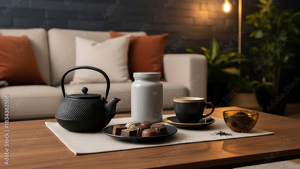 Fototapeta premium Tea time still life with chocolates and teapot on a wooden table saucer