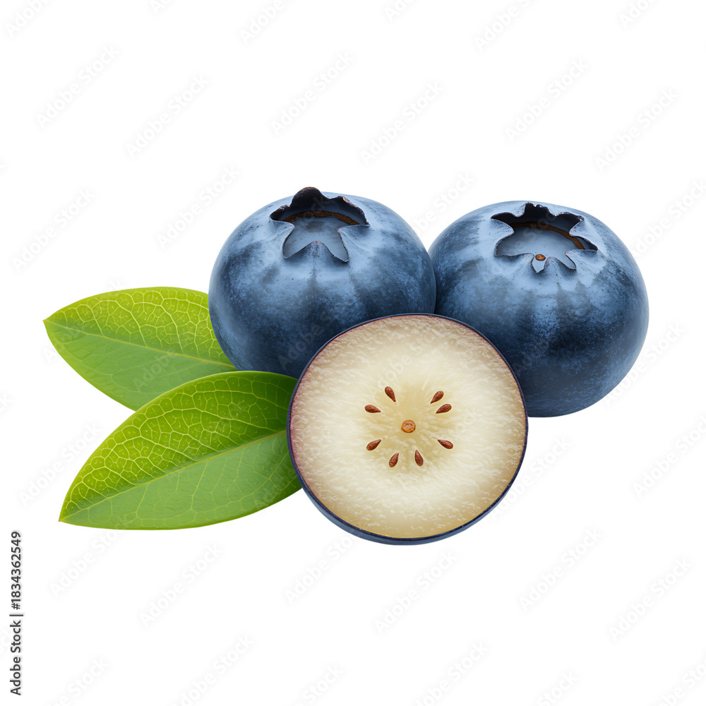 Obraz premium Close up of fresh blueberries with leaves against a black background