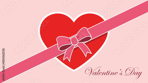 Valentine's Day themed design featuring a heart, ribbon, and scattered small hearts on a pink gradient background.