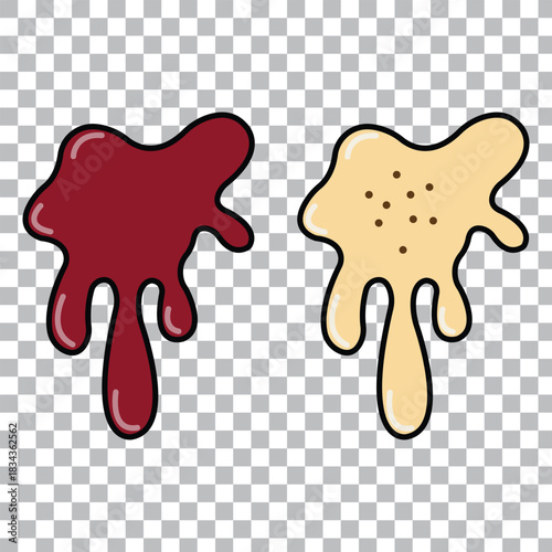 Sweet & Gooey Toppings: Illustrating Two Delicious Dessert Drips, Rich Berry Red and Speckled Vanilla Cream.