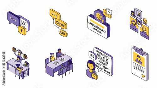 Isometric icon set representing mental health support, including online counseling, group therapy, and crisis hotlines, depicted in a modern style.