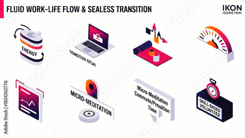 Isometric icon set representing fluid work-life flow and seamless transitions, showcasing energy management, meditation, and mindful breaks for productivity.