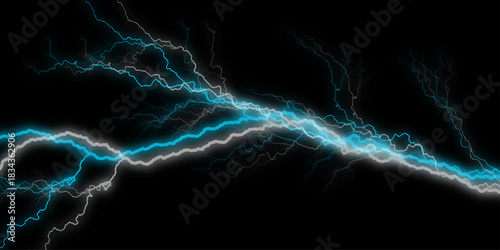 abstract black background blue and white lines and light effects. Powerful Lightning Bolts Against a Dark Background. A bright lightning bolt strikes through the dark sky during a summer thunderstorm.