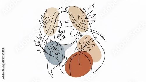 Elegant Woman Portrait with Botanical Accents in Minimalist Line Art.