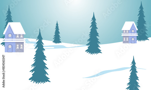 A serene and picturesque winter wonderland unfolds with charming snow-covered houses nestled amidst tall evergreen trees, creating a peaceful and frosty landscape scene