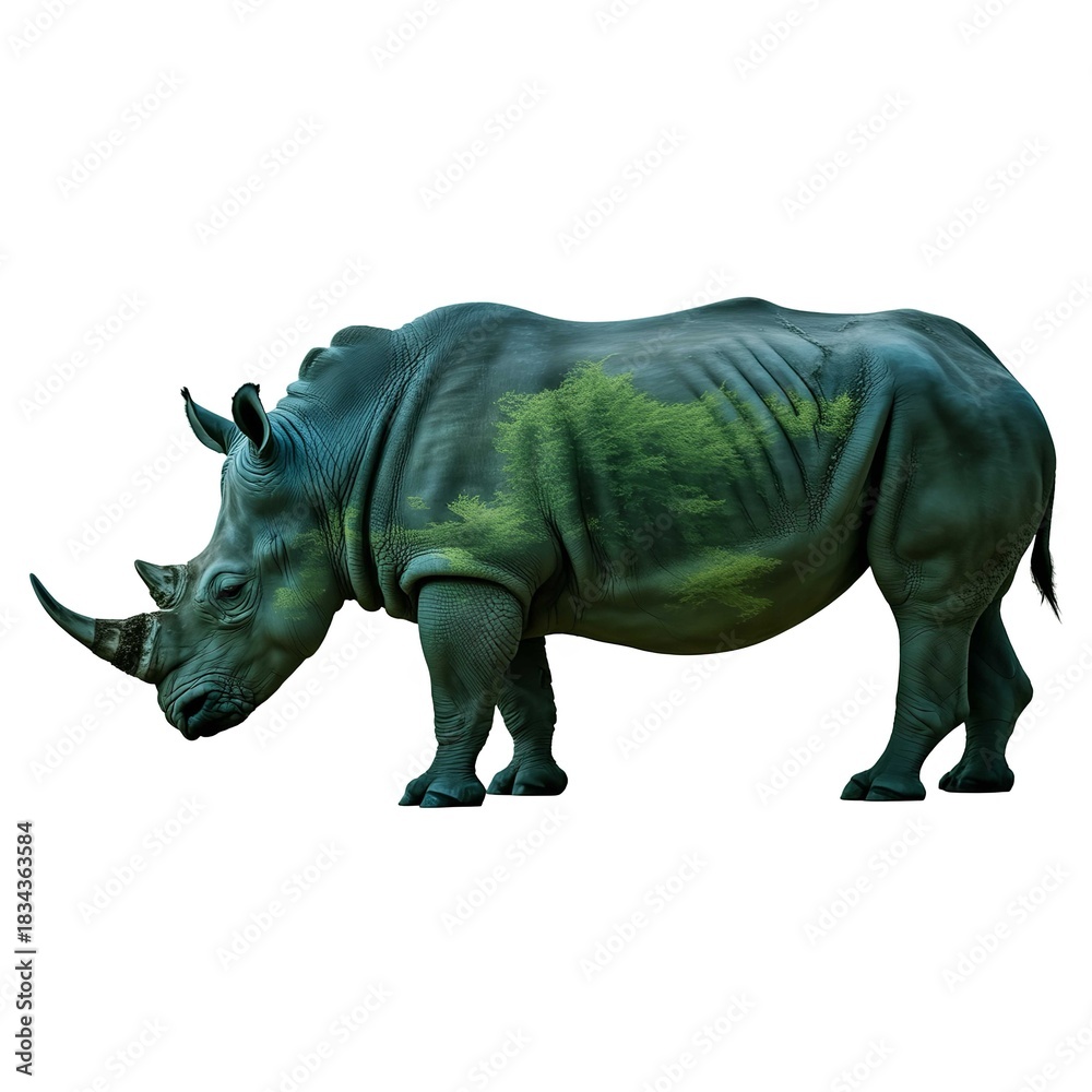Fototapeta premium Majestic rhino with forest overlay standing powerfully symbolizing nature conservation and wildlife preservation on a clean white background