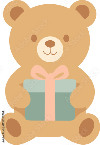Cute Teddy Bear Holding Christmas Gift Clipart. Minimalist Boho Flat Design Toy Illustration.