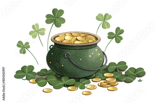 Sparkling pot of gold with shamrocks isolated on transparent background, Happy St Patricks Day Saint Patrick- 