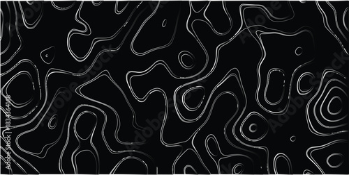 Abstract topographical contour lines in stark white and shades of gray against a deep black background, forming a high-contrast, intricate, and visually striking organic pattern