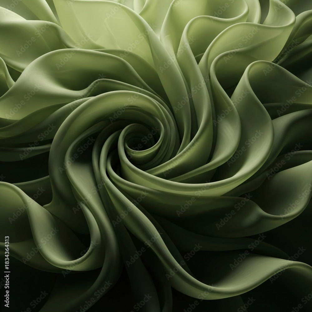 Obraz premium Green olive folds and ruffles of airy chiffon or satin flowing fabric. Design background template for advertising cosmetics, perfumes, and fabric designs in a natural style, copy space.