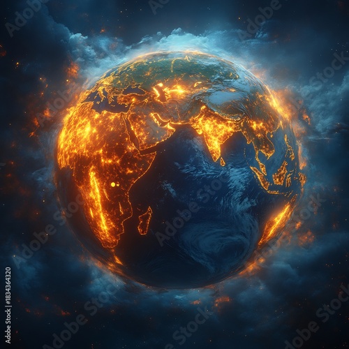 A burning earth globe surrounded by dark clouds and glowing fire effect art