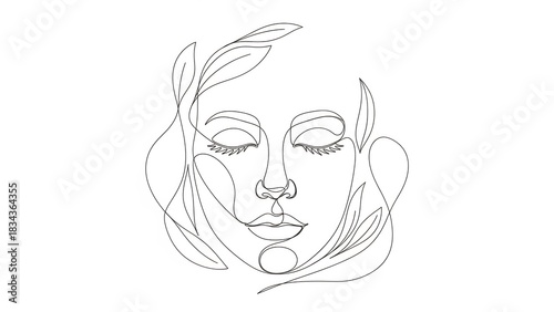 Minimalist One Line Drawing of a Womans Face with Floral Elements.