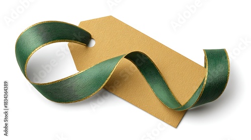 Blank gift tag with green ribbon isolated on white background, present label