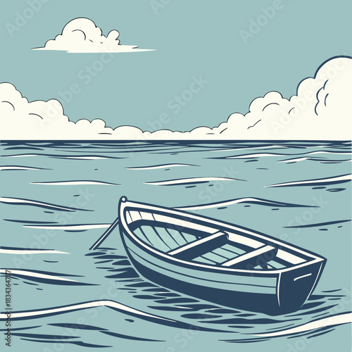 A solitary rowboat drifts peacefully on the calm blue ocean under a cloudy sky