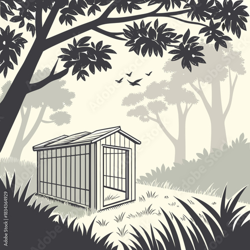 A solitary wooden shed with large windows stands in a serene forest clearing surrounded by trees and grass