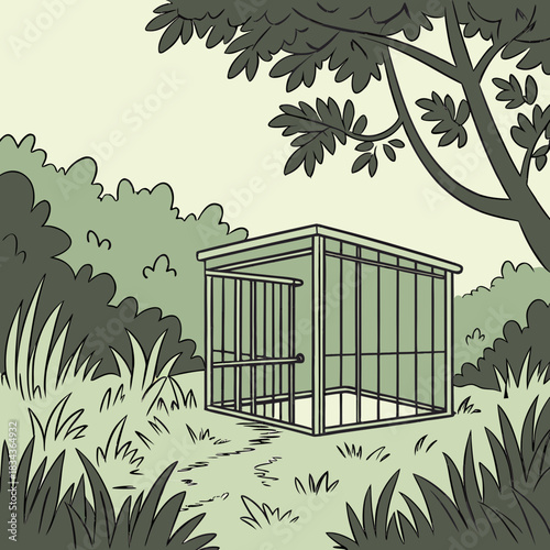 An empty cage sits in a lush green forest clearing under the shade of a large tree