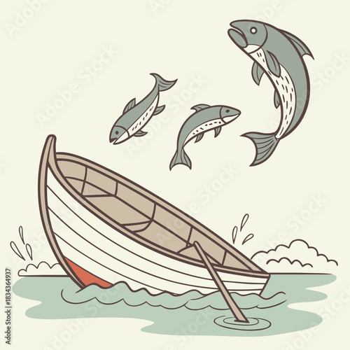 A small wooden rowboat with an oar is tilted in the water as three salmon leap out of the waves above