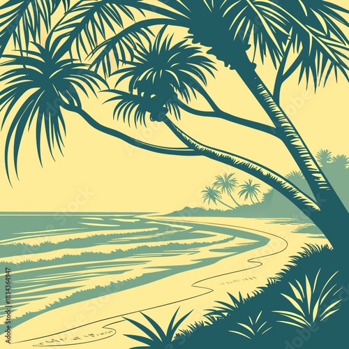 Stylized tropical beach scene with palm trees and gentle ocean waves under a clear yellow sky