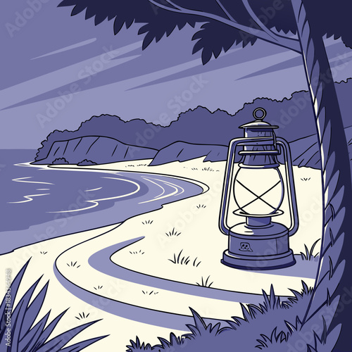 A vintage oil lantern sits on a sandy beach next to the ocean waves under a twilight sky