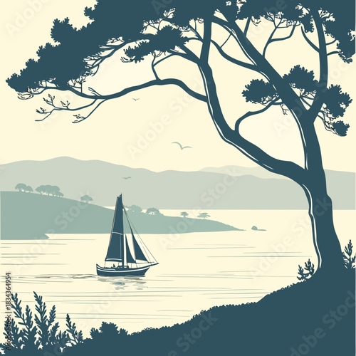 Serene sailboat glides across calm water beneath a large silhouetted tree with distant misty hills and birds flying
