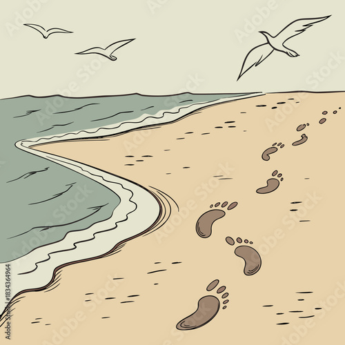 Footprints in the sand leading to the ocean with seagulls flying overhead in a simple illustration style