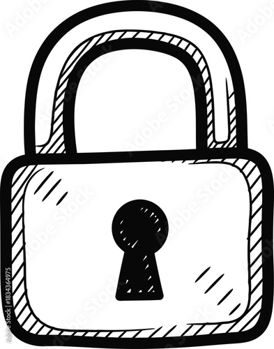 Hand-drawn padlock icon, doodle solid black on white, wobbly shackle, quick security sketch