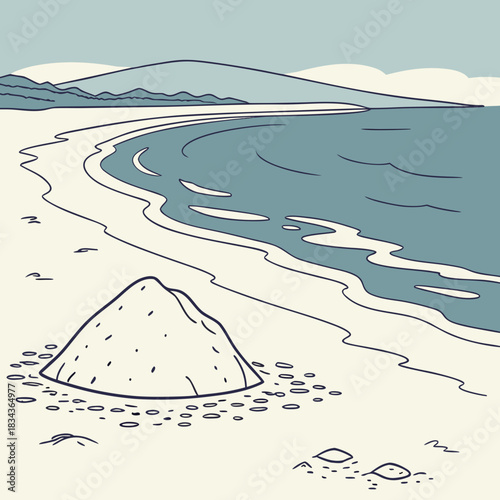 A minimalist illustration of a sandy beach with gentle waves and distant hills under a pale sky