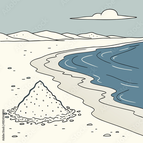 Stylized drawing of a serene beach scene with gentle waves a sandy shore and distant rolling hills under a cloudy sky