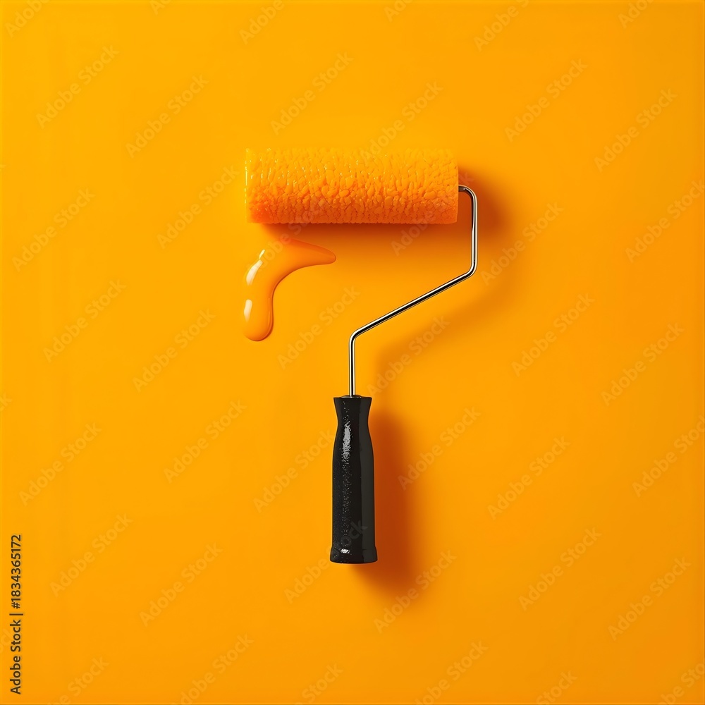Obraz premium Bright conceptual paint roller dipped in vibrant orange liquid on bold artistic background symbolizing creativity and design transformation