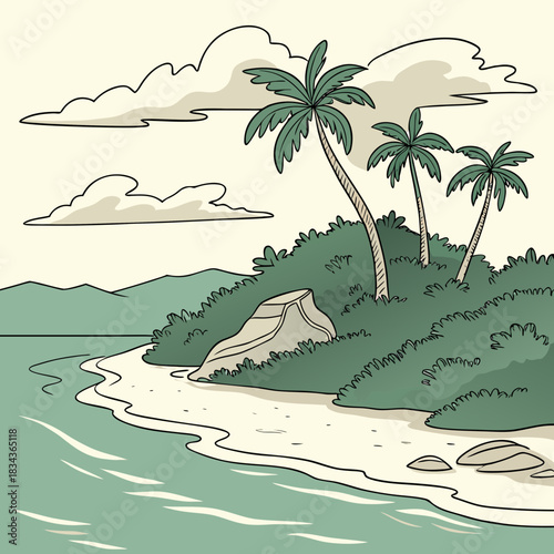 Idyllic tropical island scene with palm trees lush green foliage sandy beach and calm ocean waves under a cloudy sky