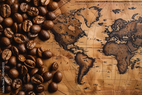 Rich Aroma of Coffee Beans Spreading Across a Beautifully Detailed World Map for Morning Delights