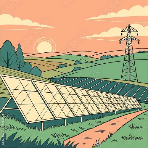Expansive solar panel farm on rolling green hills under a warm sunset with a distant power line tower