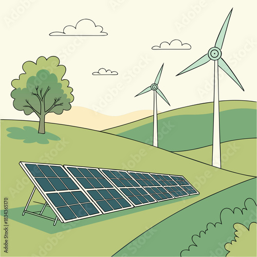 Renewable energy sources solar panels and wind turbines on a green grassy hill under a cloudy sky