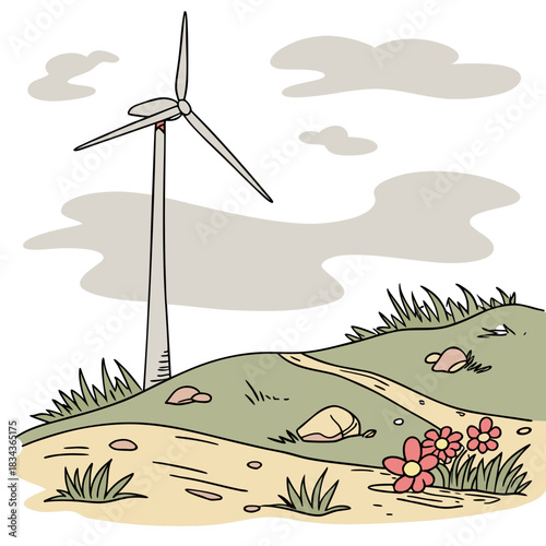 A charming cartoon illustration of a single wind turbine standing tall on a grassy hill with wildflowers and a winding path under a cloudy sky