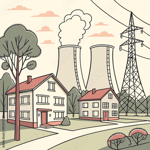 Residential houses situated near industrial cooling towers and a high voltage power line tower emitting steam