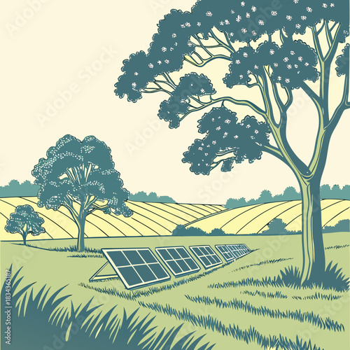 Solar panels arrayed in a green field with rolling yellow hills and trees under a pale sky