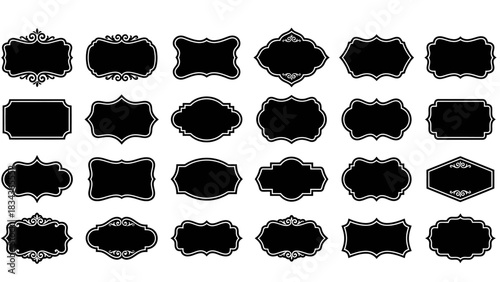 Ornate Black Label and Badge Icon Set – Featuring Shields, Ovals, Starbursts, and Decorative Frames for Visual Themes in Vintage Branding, Elegant Packaging, and Classic Graphic Design