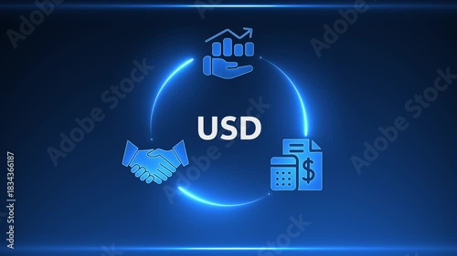 US Dollar currency financial cycle with handshake graph and calculator icons on blue background US Dollar
