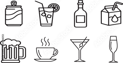 Set of eight black and white line icons representing various beverage containers and drinks