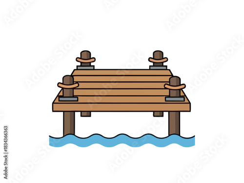 Wooden pier illustration with mooring bollards on wavy water