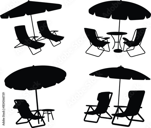 Black beach umbrella chair silhouette set, outdoor patio furniture icons, summer vacation vector collection isolated on white background design elements