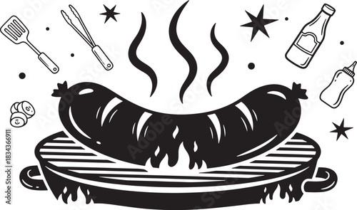 Barbecue Sausage Grill with Condiments Spatula and Tongs Black and White