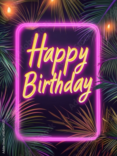 Glowing neon birthday sign surrounded by tropical greenery, radiating festive warmth with bright, colorful illumination against dark background