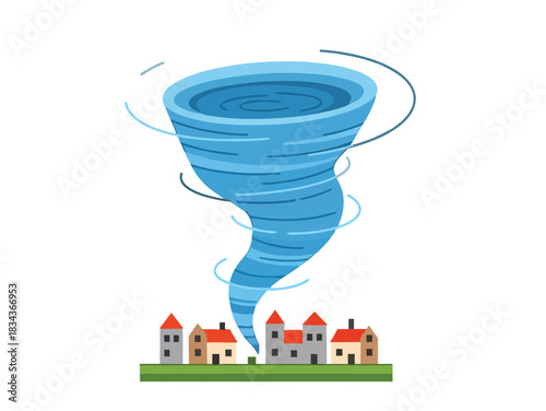 Tornado destroying houses and buildings in a town causing destruction and natural disaster